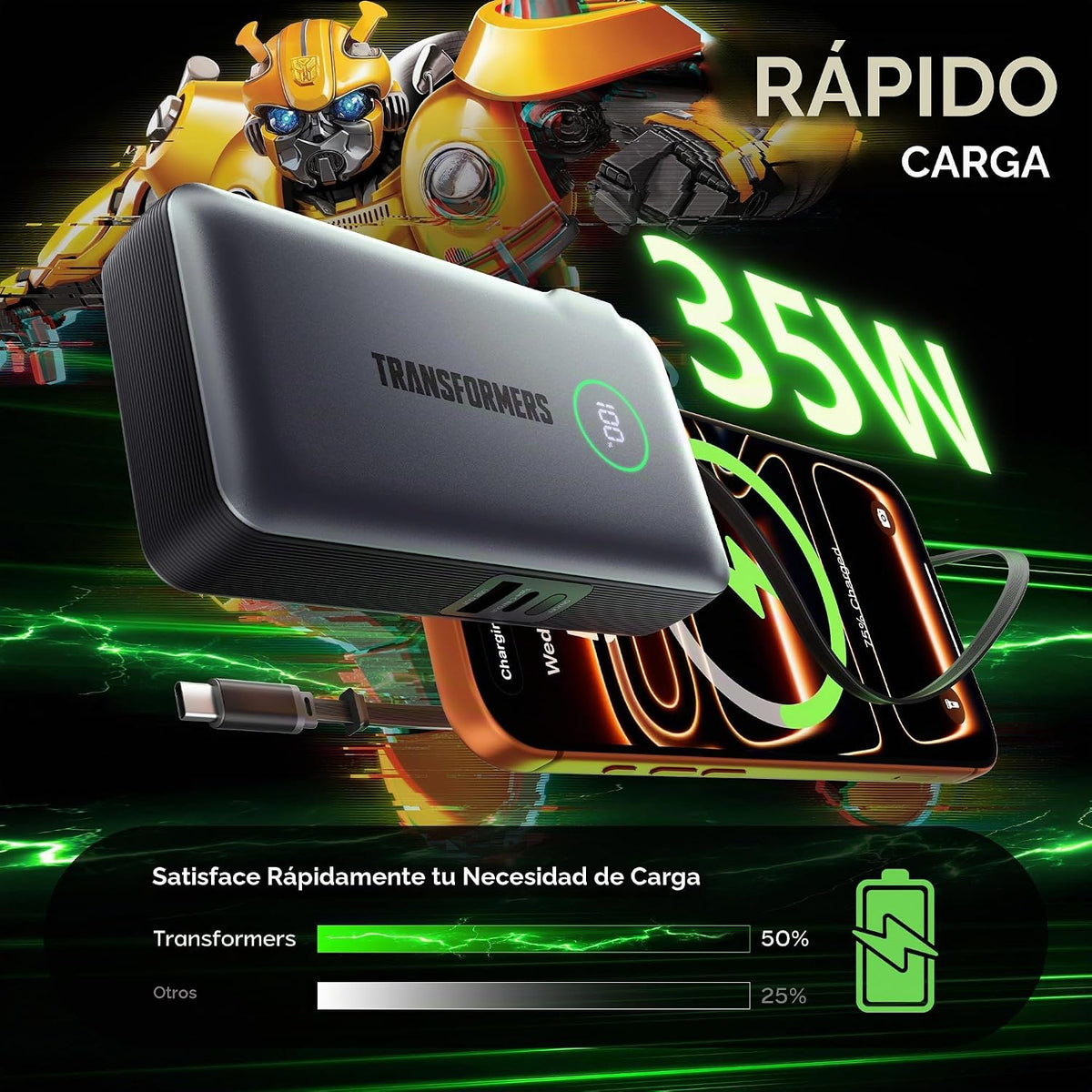 Transformers Cargador portátil 3 en 1, banco de energía de viaje de...