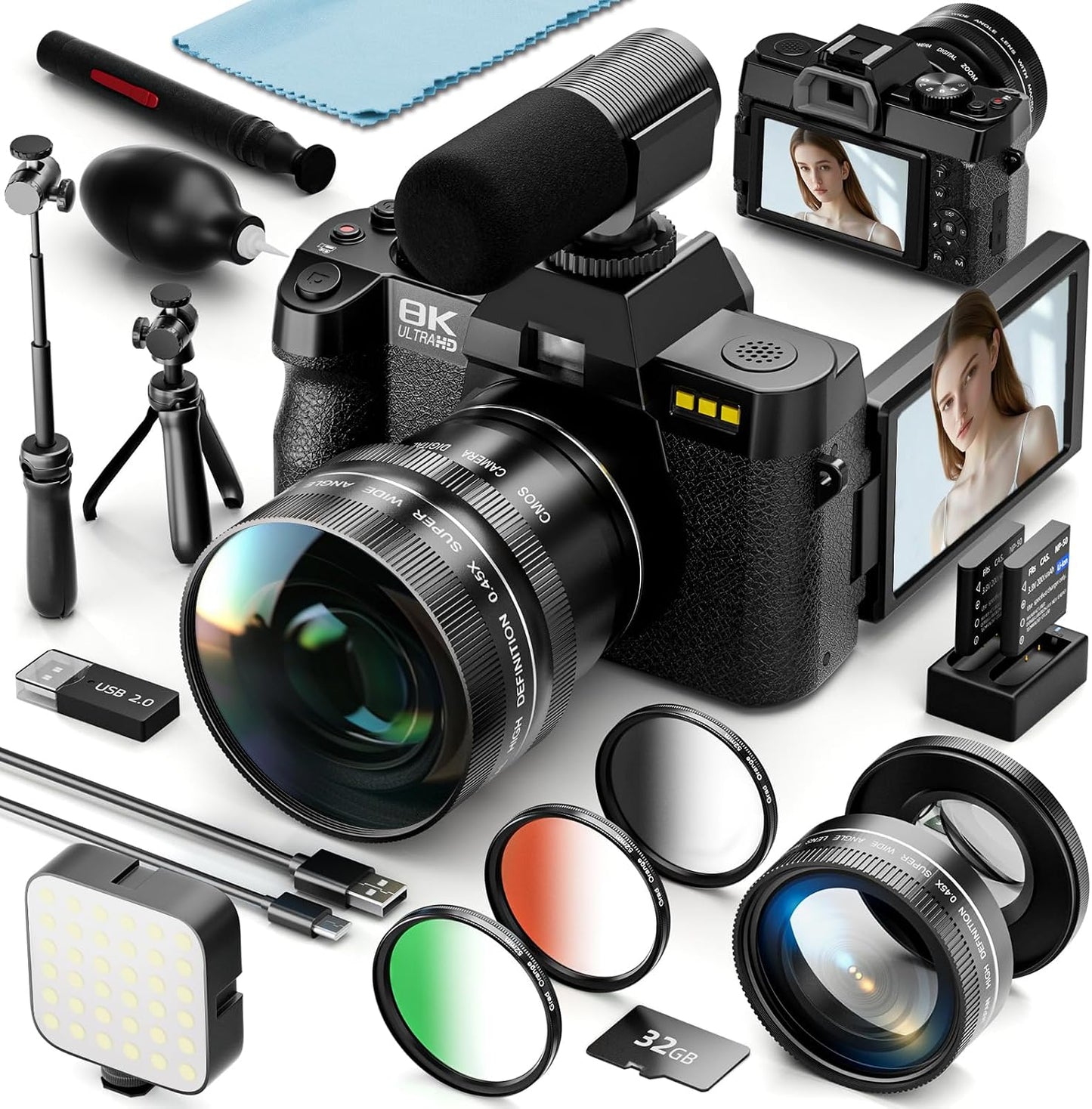 Cámaras digitales de 8K 64MP para fotografía, zoom 16X,3 filtros de...