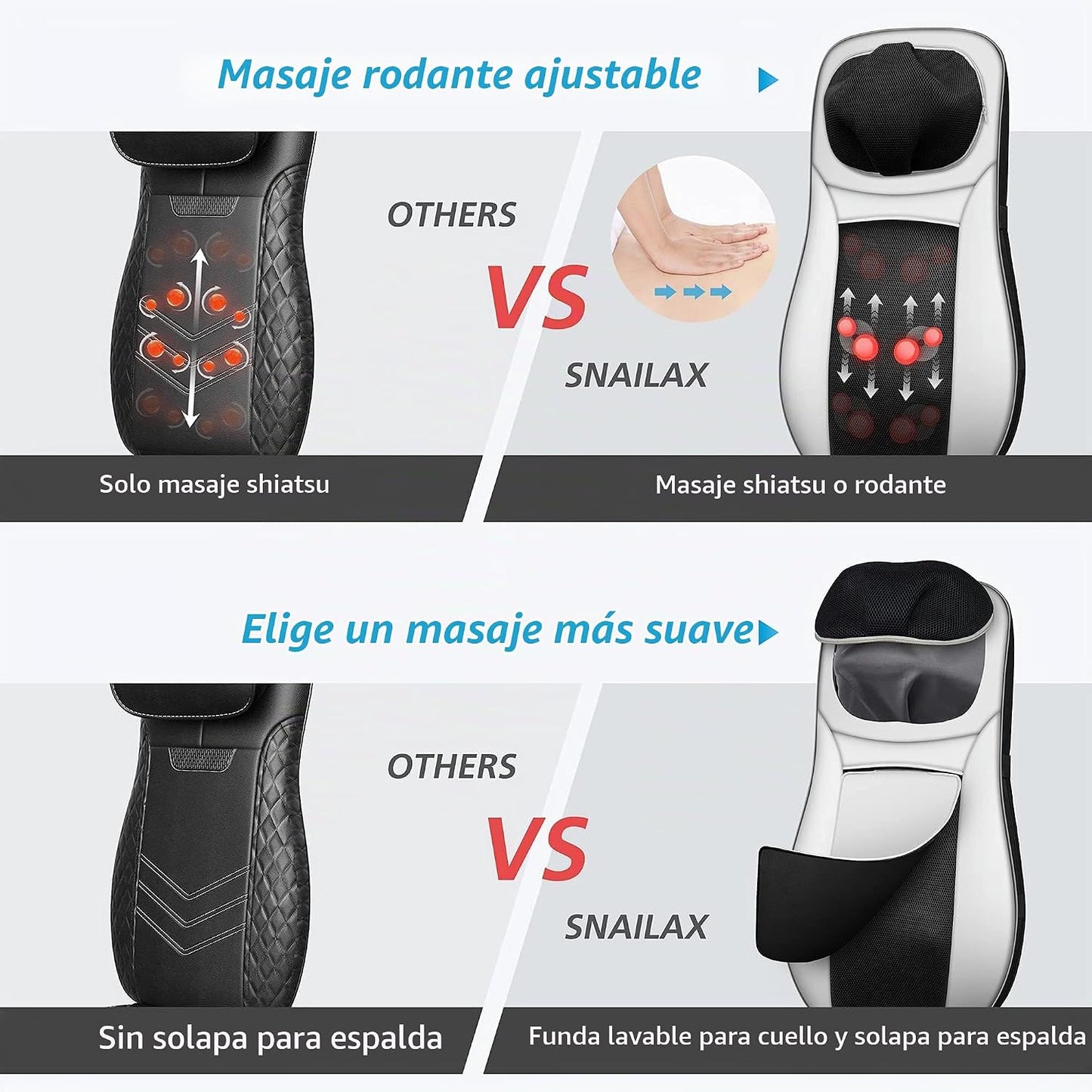 Snailax Masajeador de espalda con calor, almohadilla ajustable para...