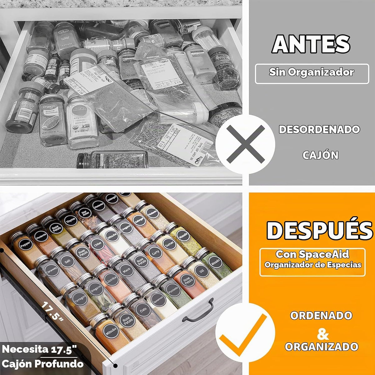 SpaceAid Organizador de especias para cajones de cocina, con 32 tar...