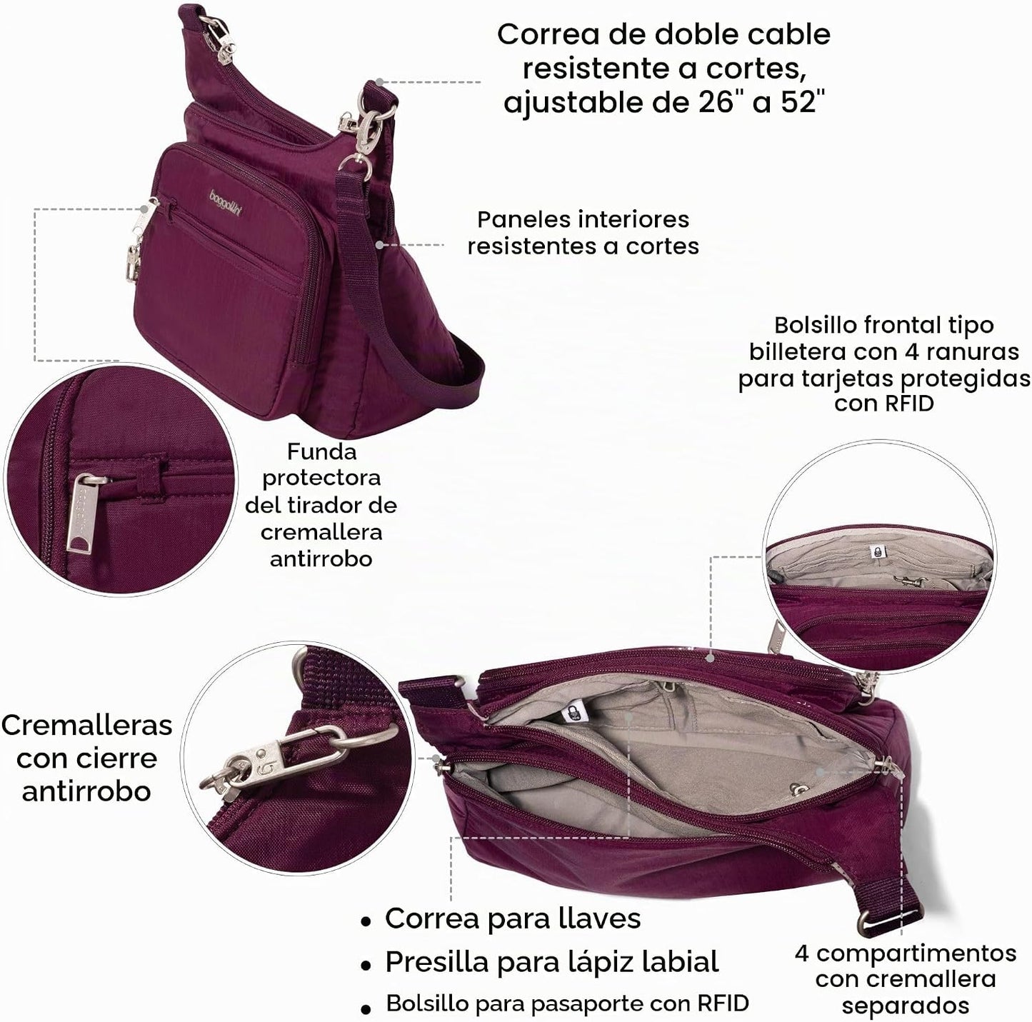 Baggallini Securtex Bandolera cruzada antirrobo 11\u201Dw X 8.5\u20...