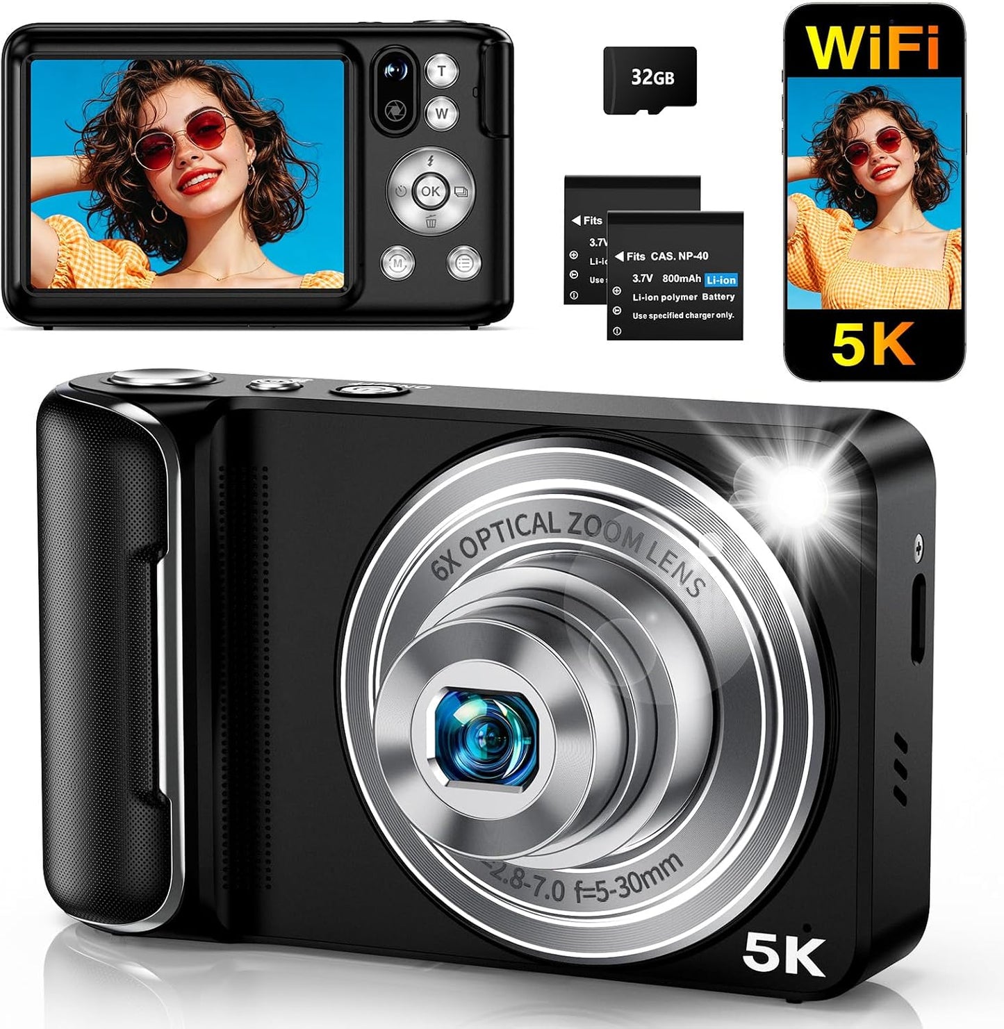 Cámara digital 5K para fotografía con WiFi, zoom óptico 6X, enfoque...