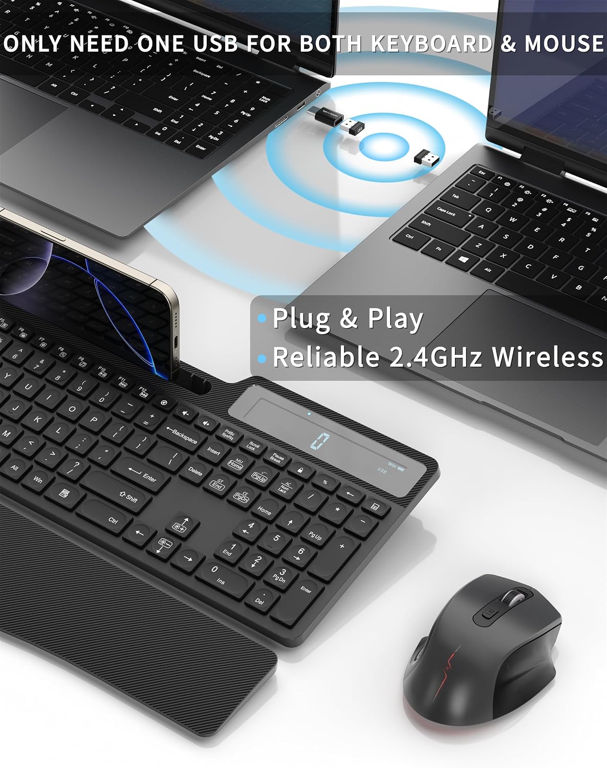 Combo de teclado y mouse inalámbricos, teclado ergonómico silencios...