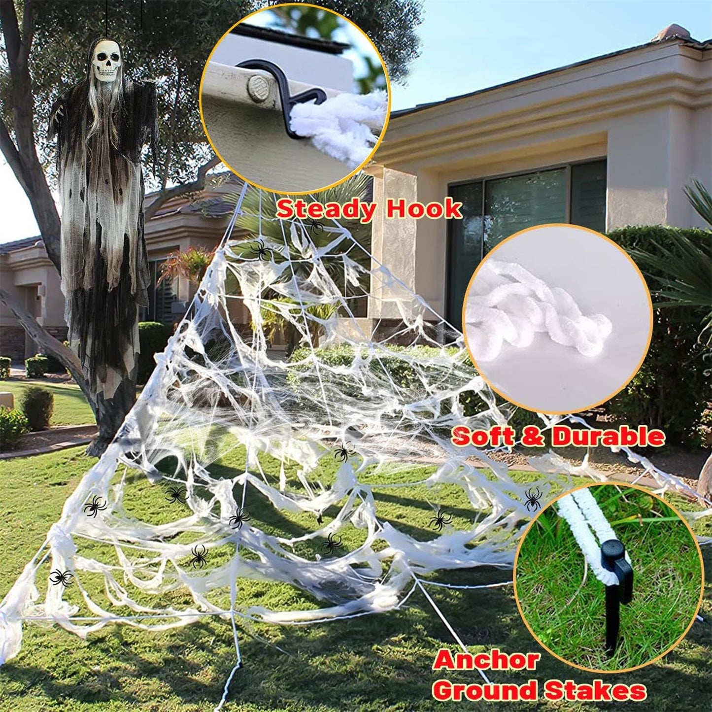 Decoraciones de Halloween al aire libre, 200 luces LED de telaraña...