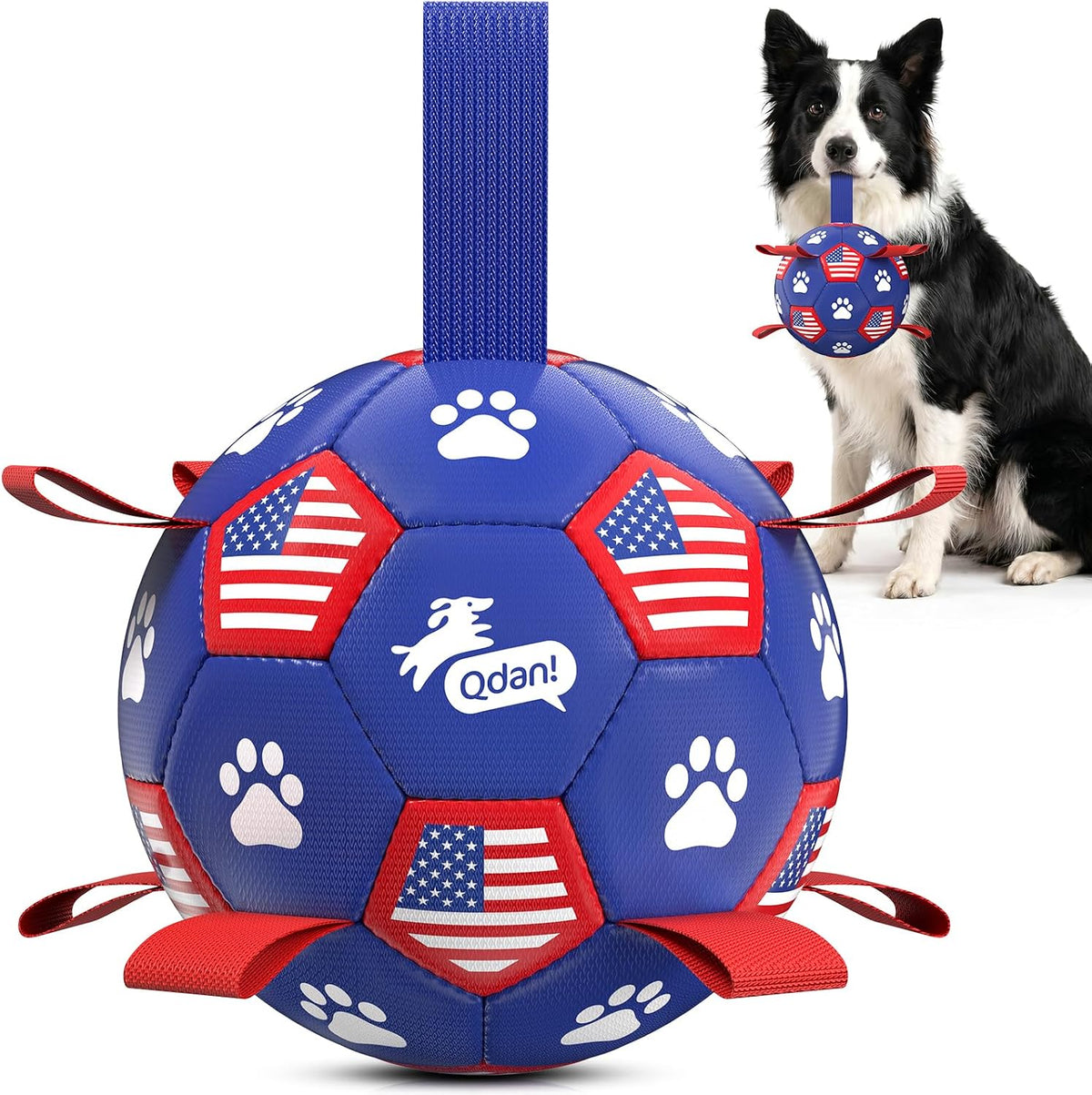 QDAN Juguetes para perros, pelota de fútbol con correas, bolas dura...