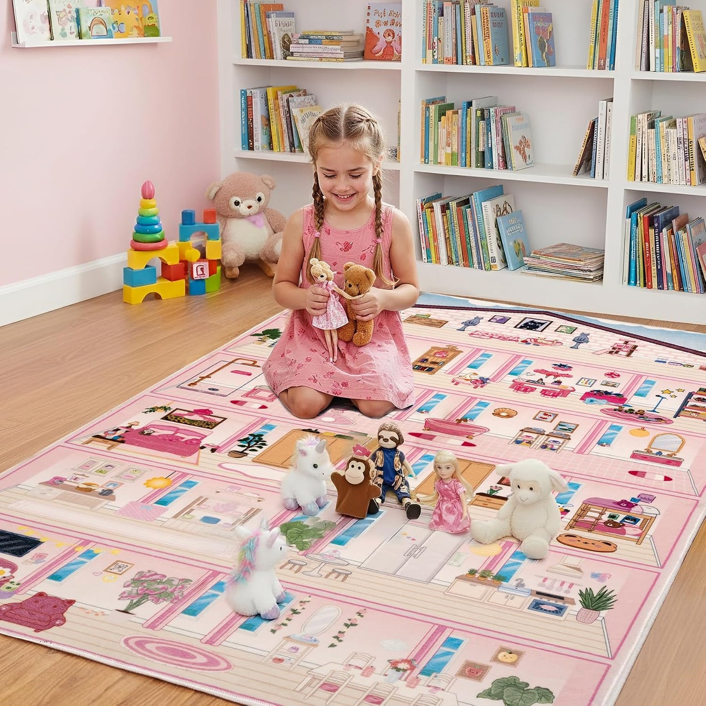 Rug&amp;Play Alfombra de juego de casa de muñecas rosa ultra suave...