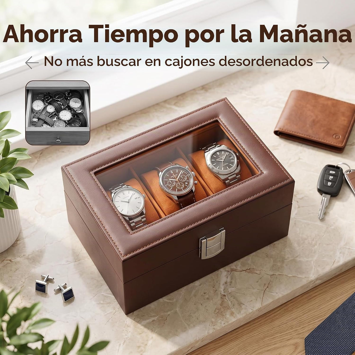 AMZGO® Caja de reloj para hombres, tapa de cristal de exhibición de...