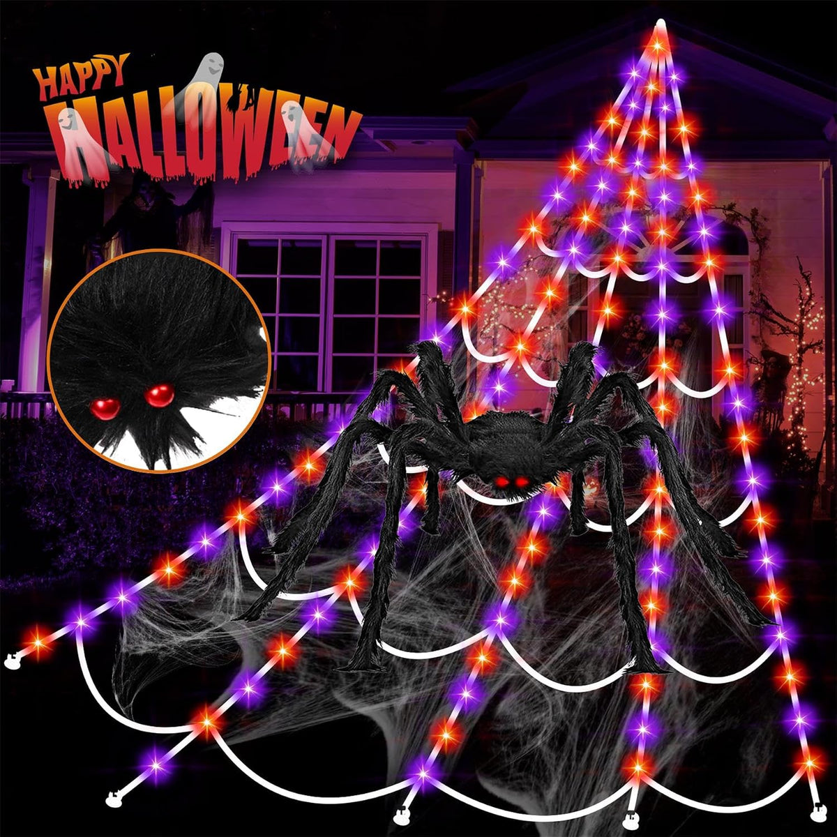 Luces de telaraña gigante de Halloween para decoración al aire libr...