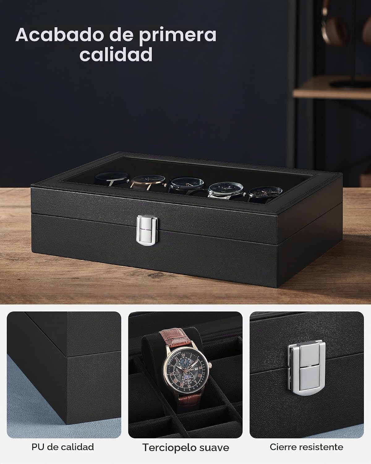 SONGMICS Caja de reloj, caja de reloj de 12 ranuras con tapa de vid...