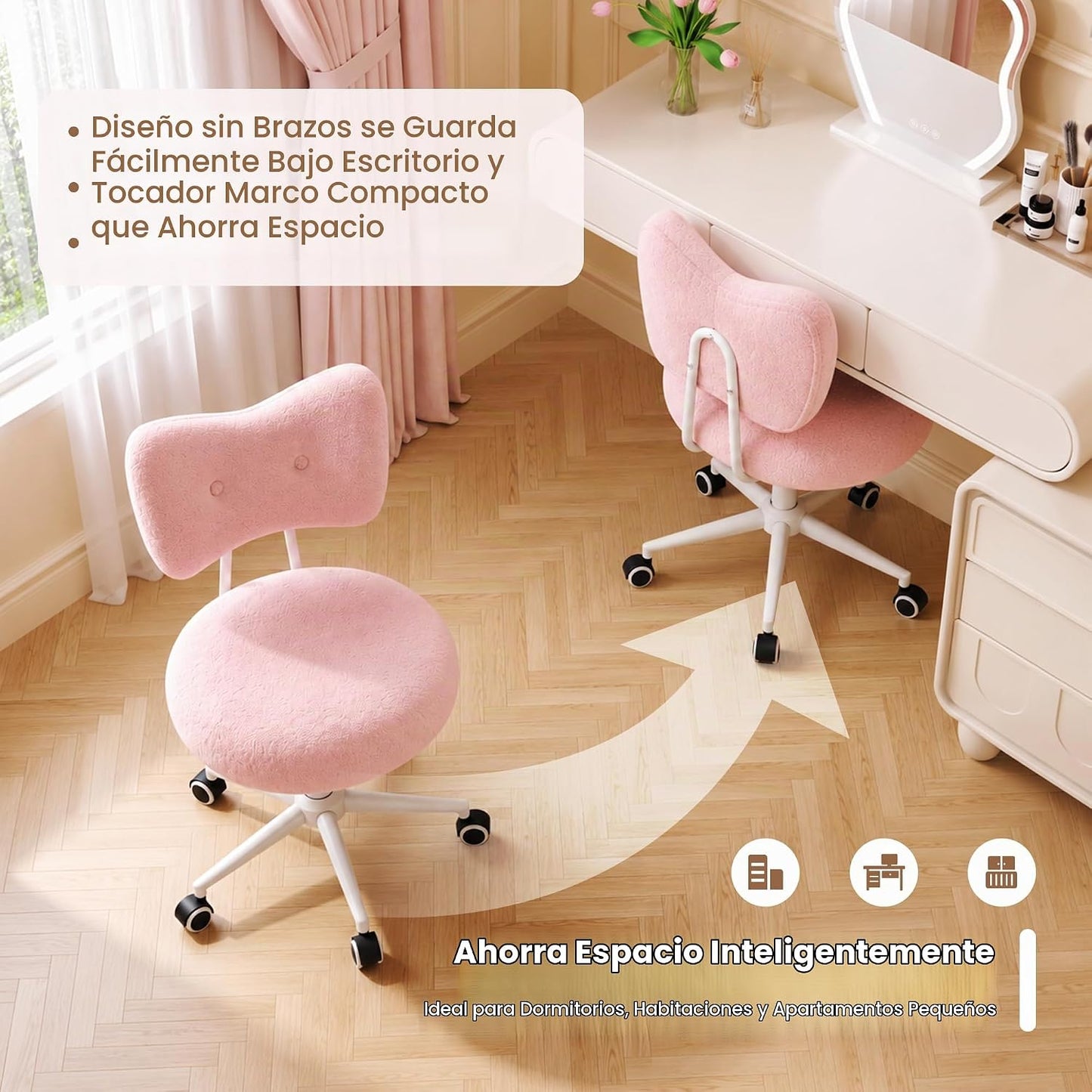 Silla de tocador pequeña con ruedas, cómoda silla de escritorio con...