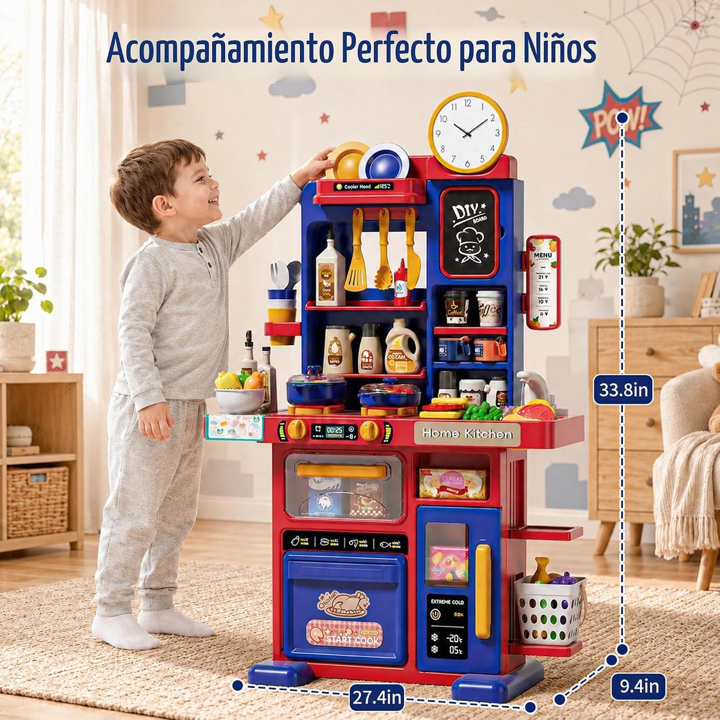 STACTCUTE Cocina de juguete de 33,8 pulgadas con sonido, luz y estu...