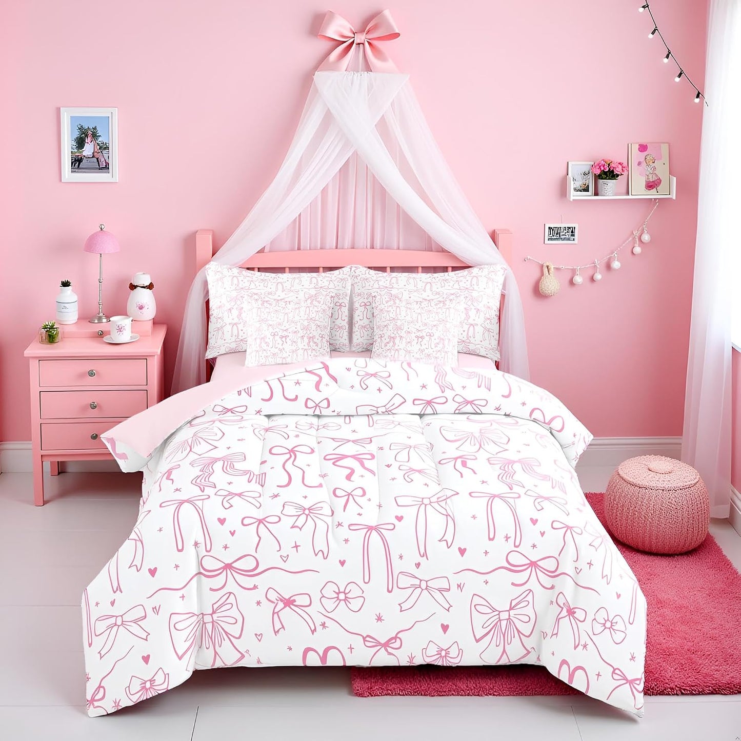 Juego de edredón de 7 piezas con lazo rosa para niñas, tamaño Queen...
