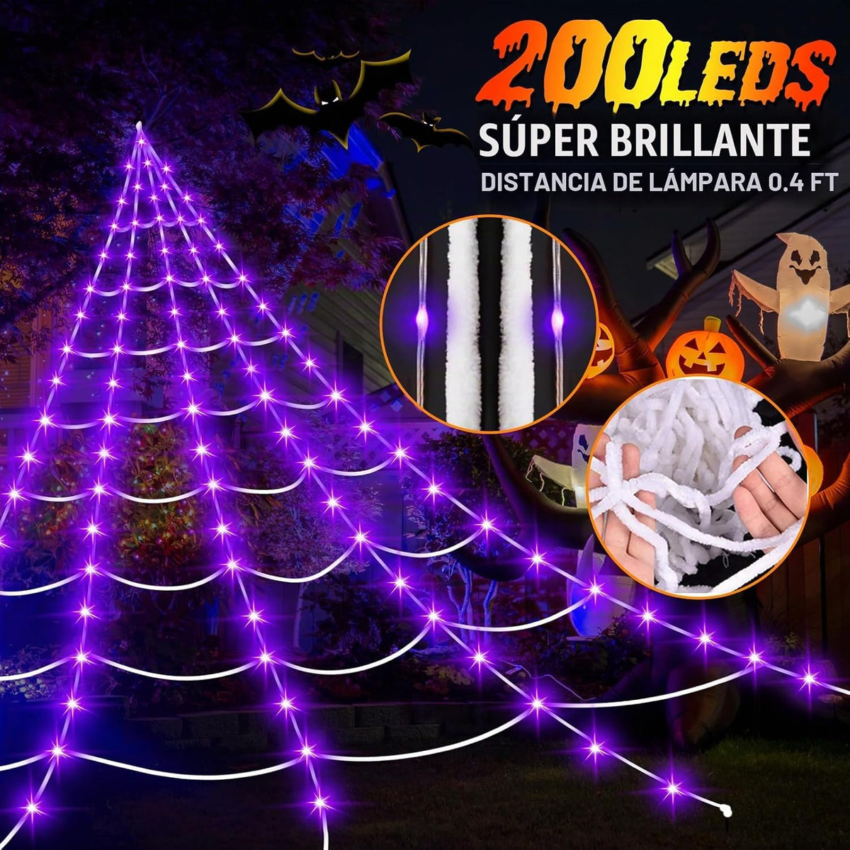Decoraciones de Halloween al aire libre, 200 luces LED de telaraña...