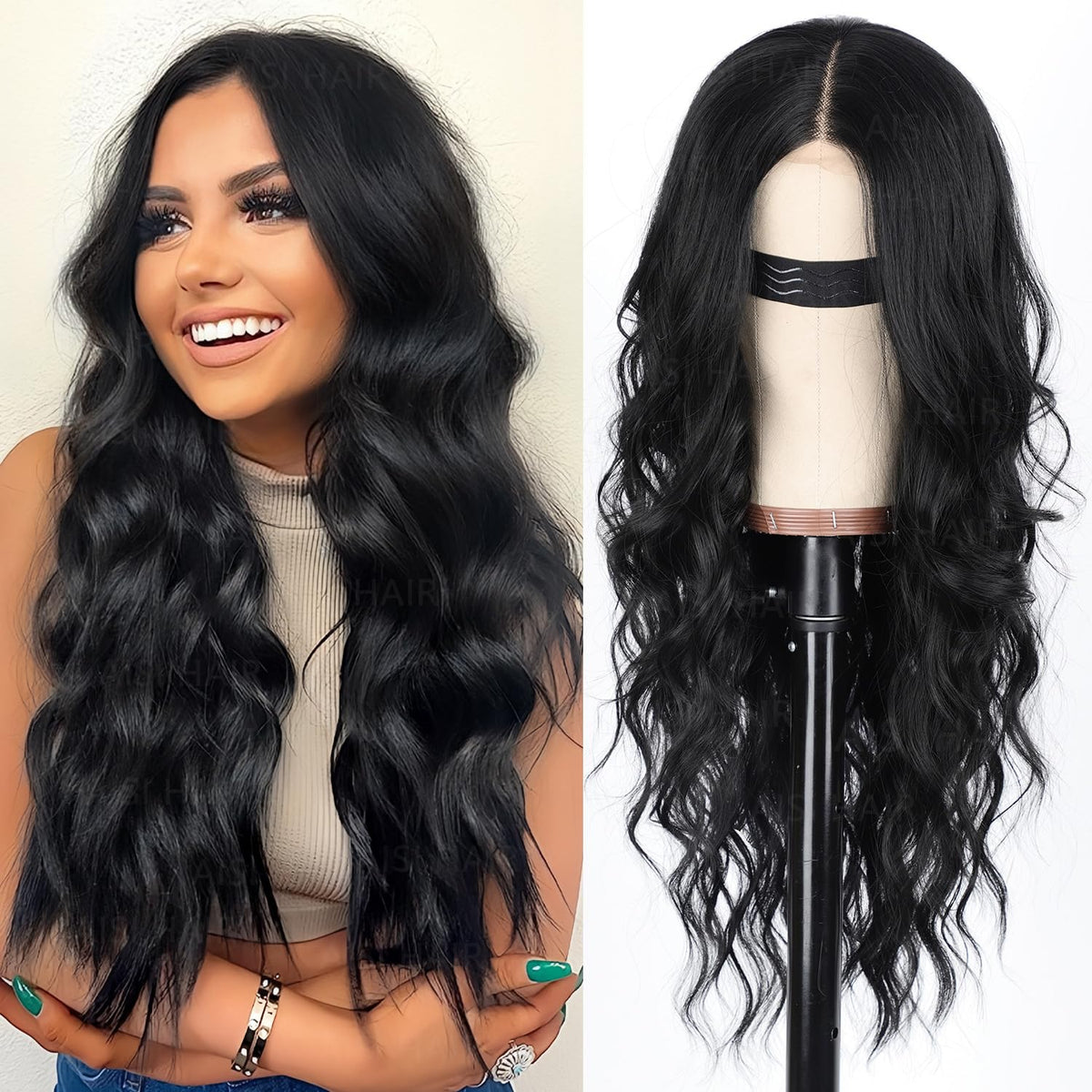 AISI HAIR - Peluca negra para mujer, peluca larga ondulada con raya...