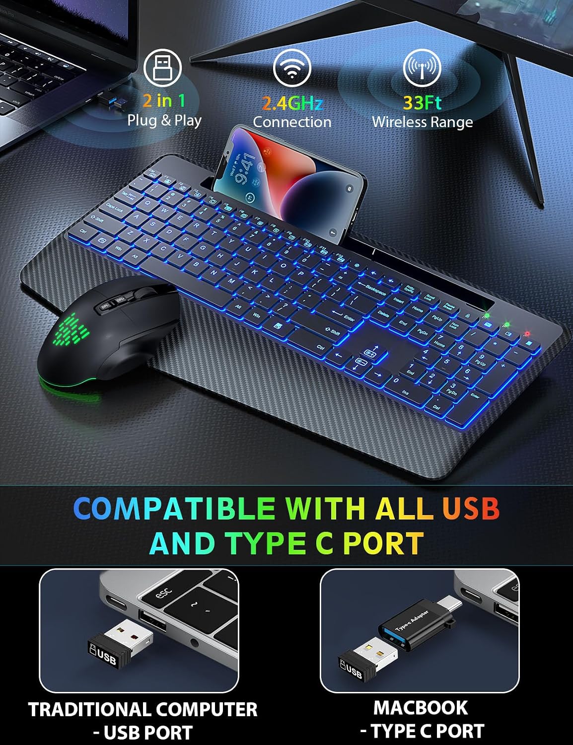 Teclado y Mouse Inalámbricos con Retroiluminación, Reposamuñecas, M...