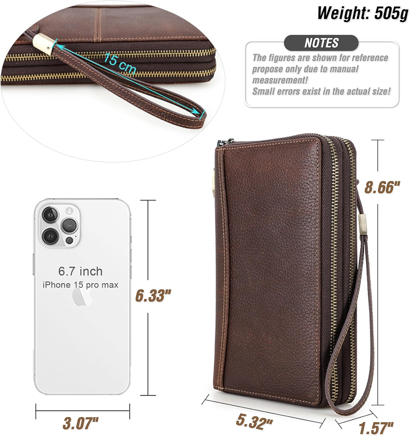 Cartera de cuero genuino de grano superior con cremallera para homb...