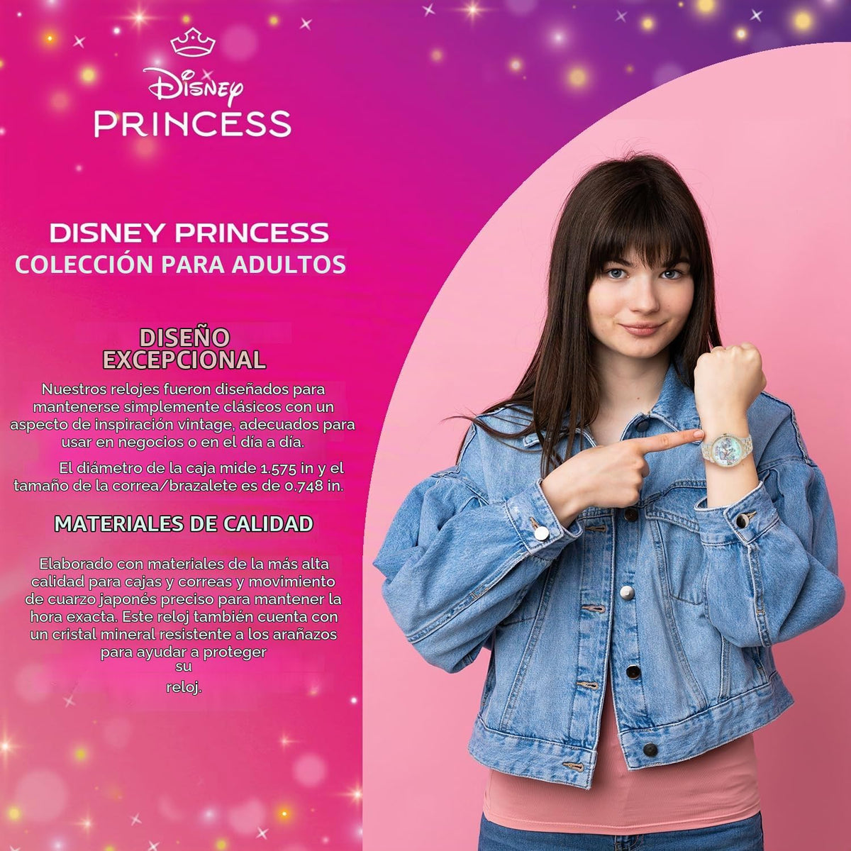 Disney Reloj de cuarzo analógico redondo brillante para adultos