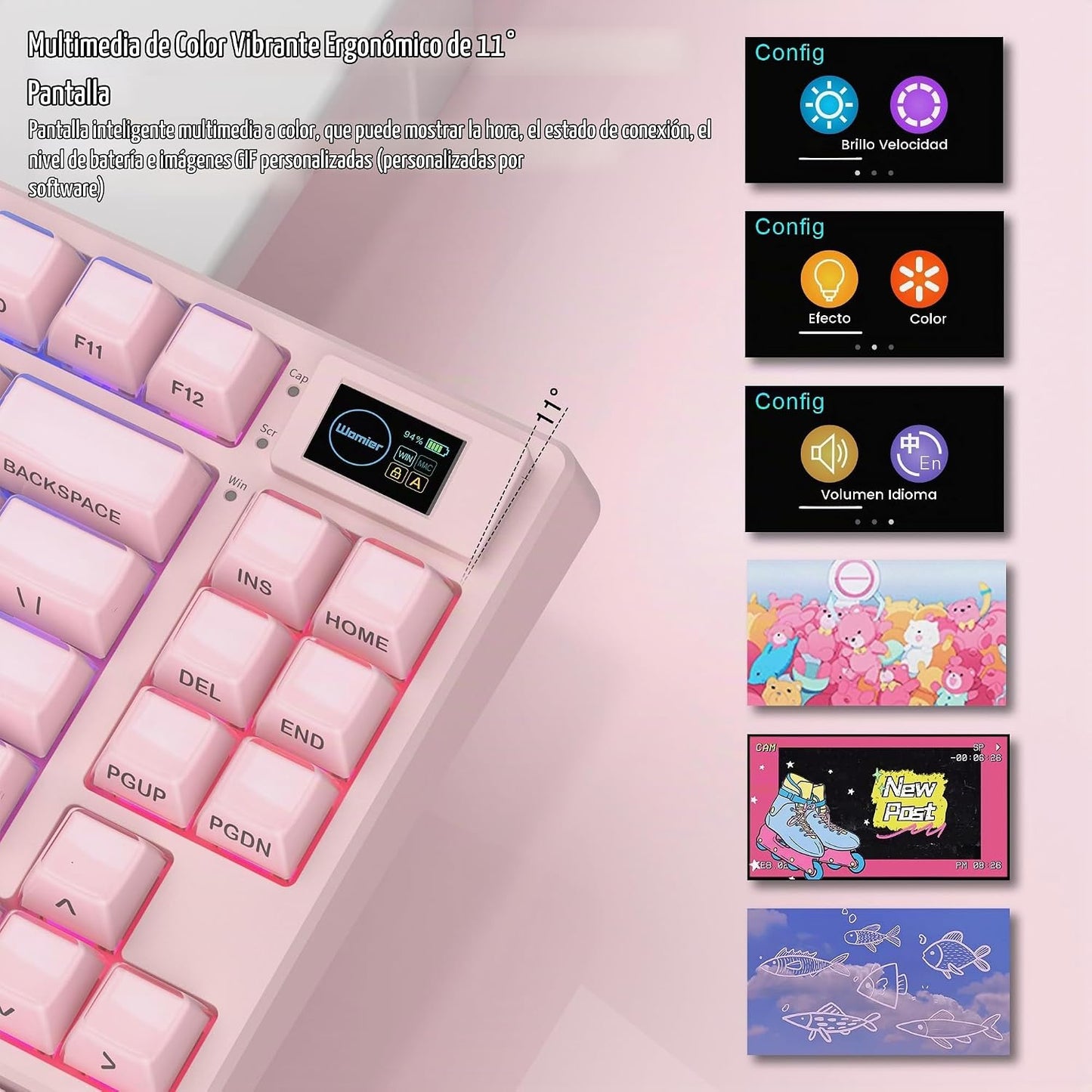 Womier Teclado Mecánico Inalámbrico Rosa Cremoso 75% con Pantalla M...