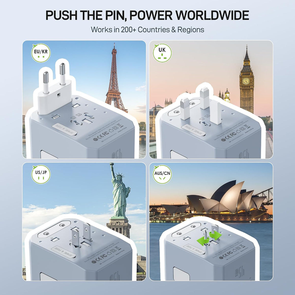 EPICKA Adaptador de viaje universal de 45 W PD&amp;QC, 1AC\/3USB-C\...