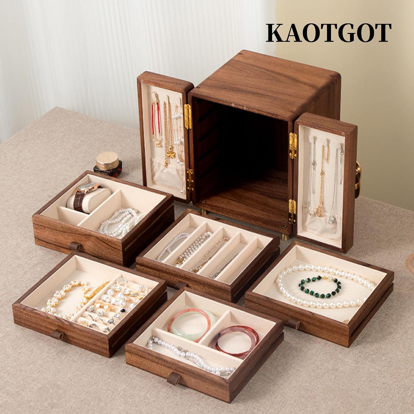 KAOTGOT Joyero de madera para mujeres y niñas, organizador grande d...