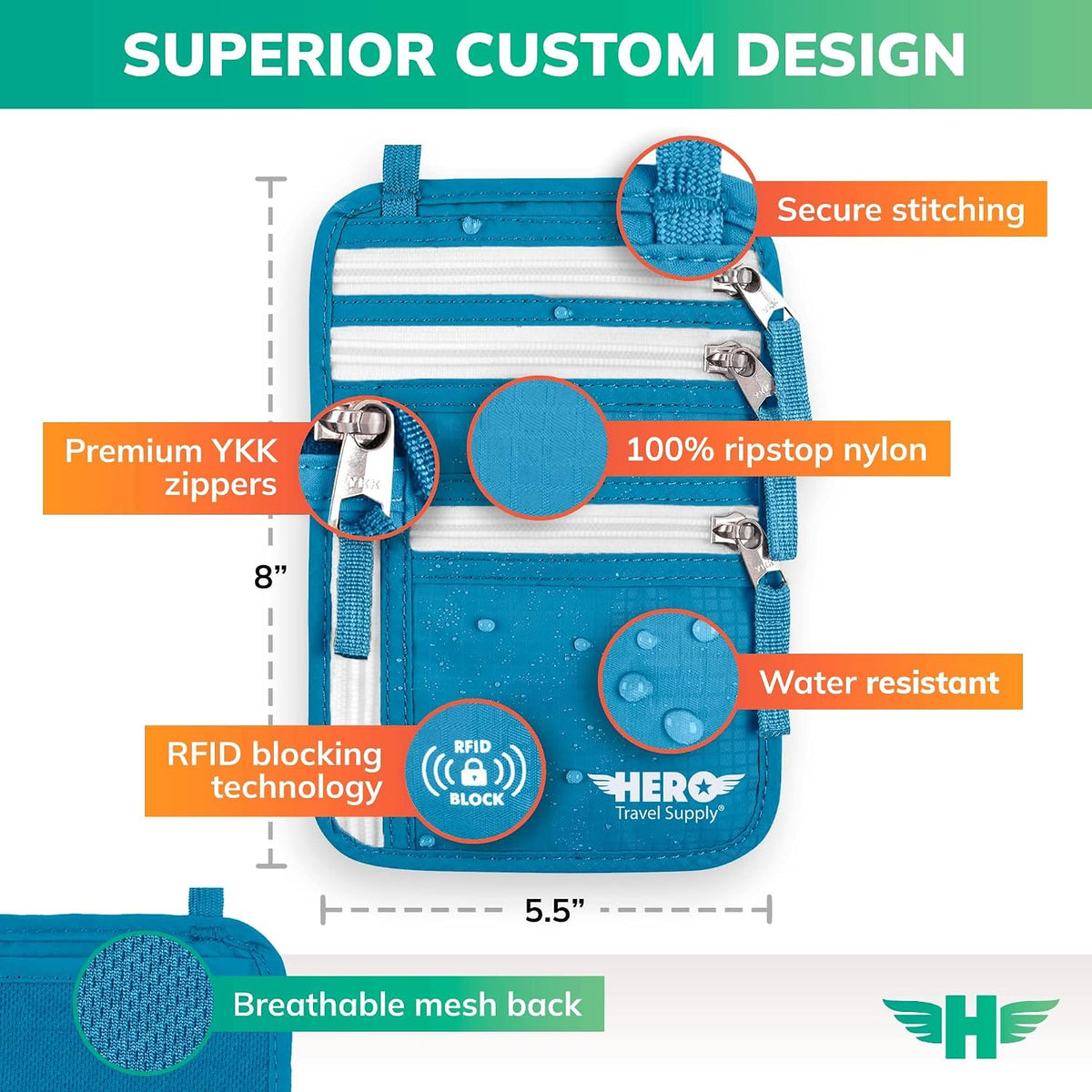 HERO - Cartera para el cuello - Soporte para pasaporte con bloqueo...