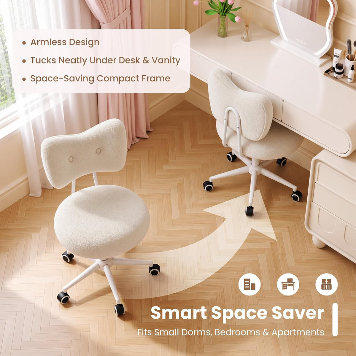Silla de tocador pequeña con ruedas, cómoda silla de escritorio con...
