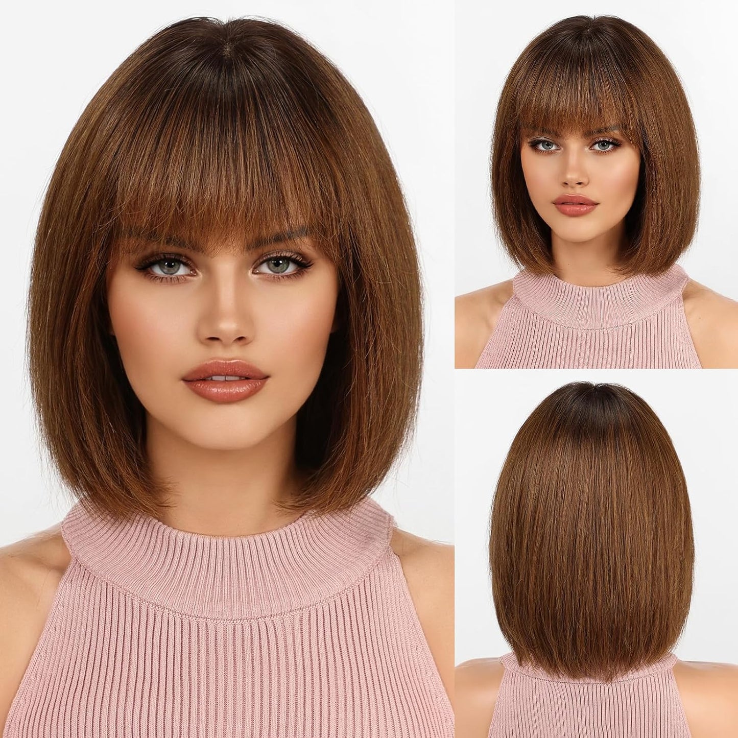 KKU Pelucas de cabello humano marrón degradado para mujer, pelucas...