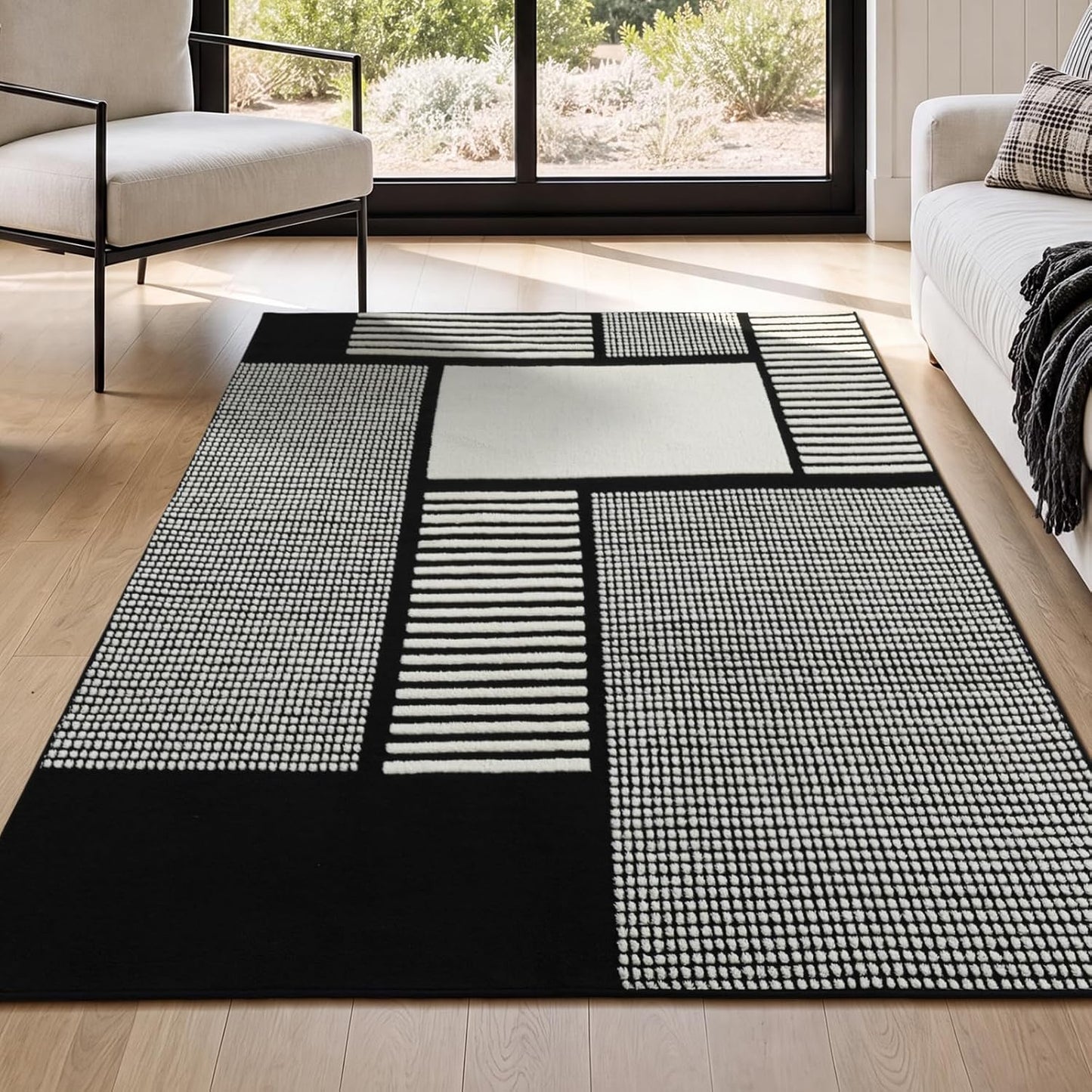 YIHOUSE Alfombra de 4 x 6, color blanco y negro, lavable, antidesli...