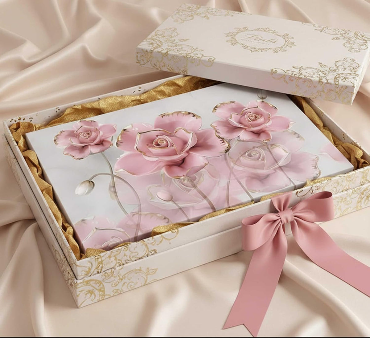 Lona moderna de rosas delicadas en oro rosa con flores que se refle...