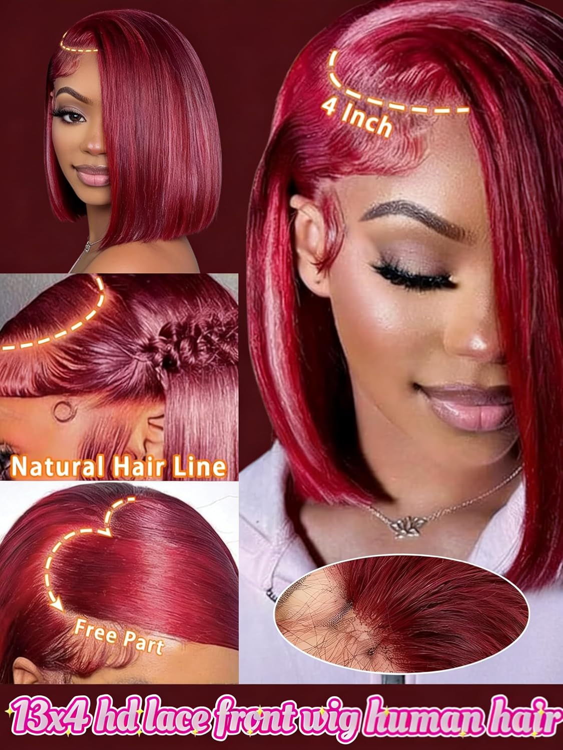 Rnsnwiee 99J - Peluca de cabello humano corto estilo Bob lacio 13x4...