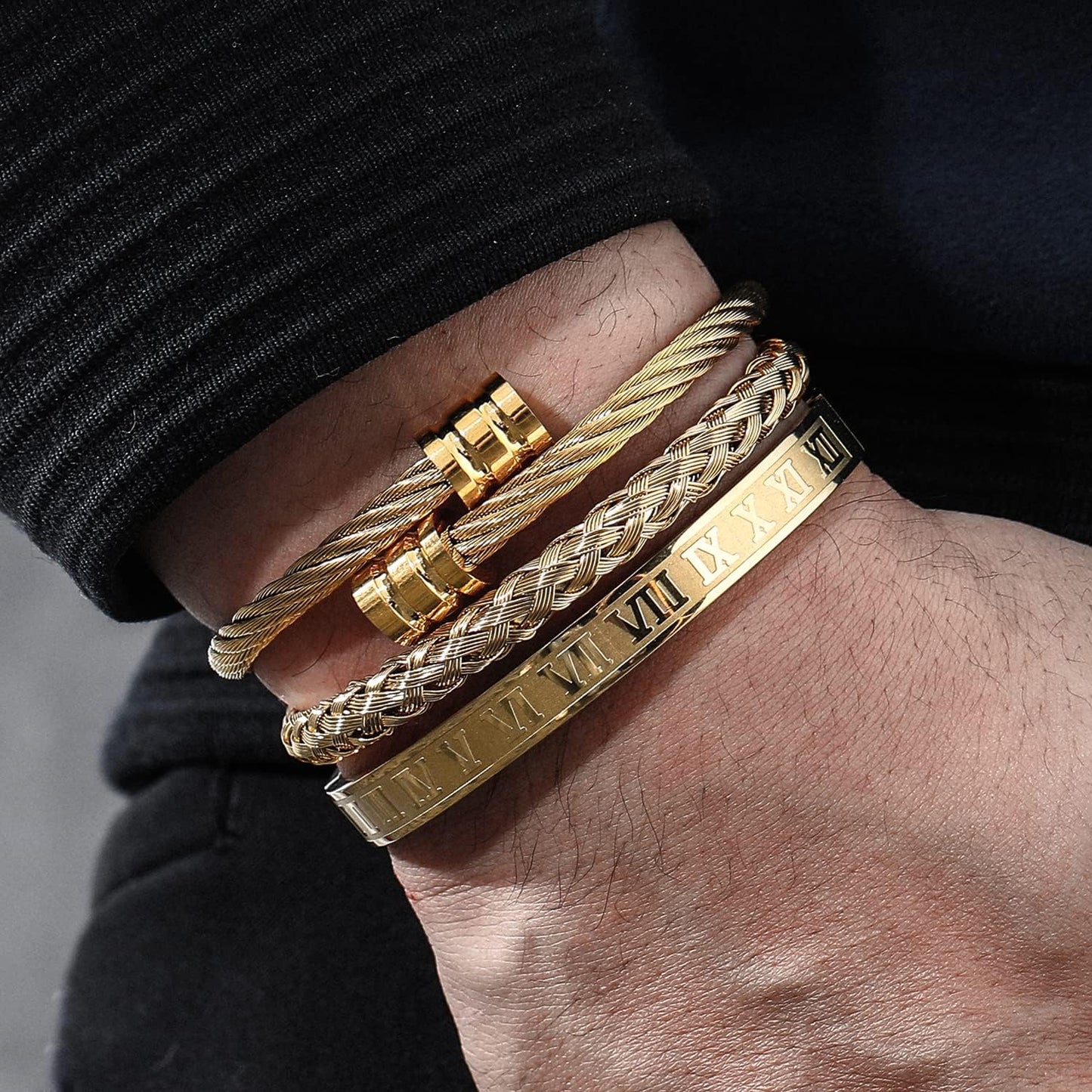 WFYOU 3 pulseras de acero inoxidable para hombres, pulseras de oro...