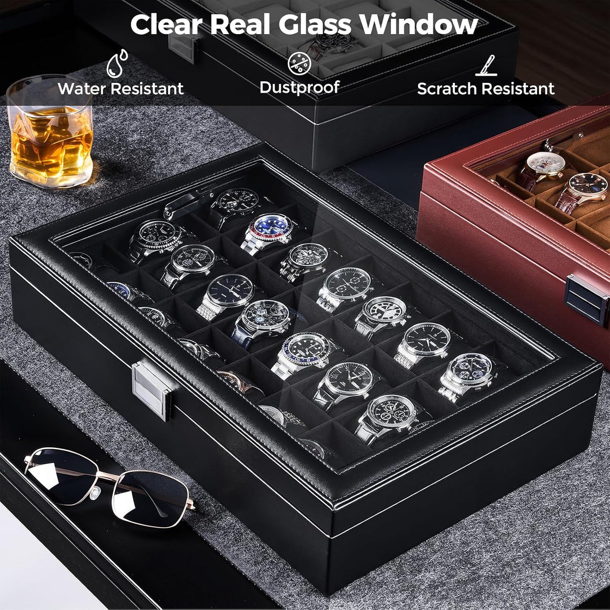 ProCase Caja de reloj para hombre, vitrina de 24 ranuras con tapa d...
