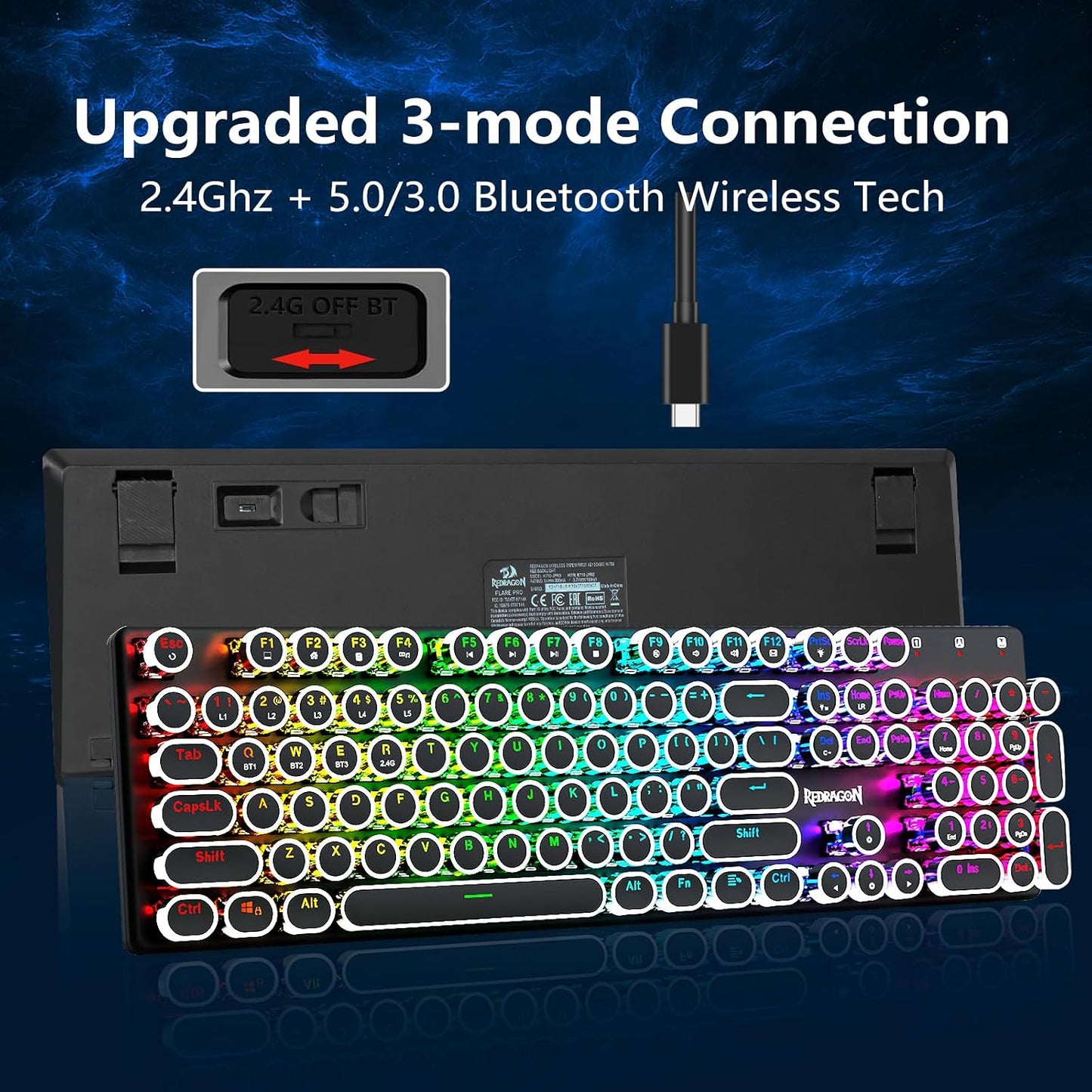 Redragon Teclado de máquina de escribir inalámbrico, teclado mecáni...