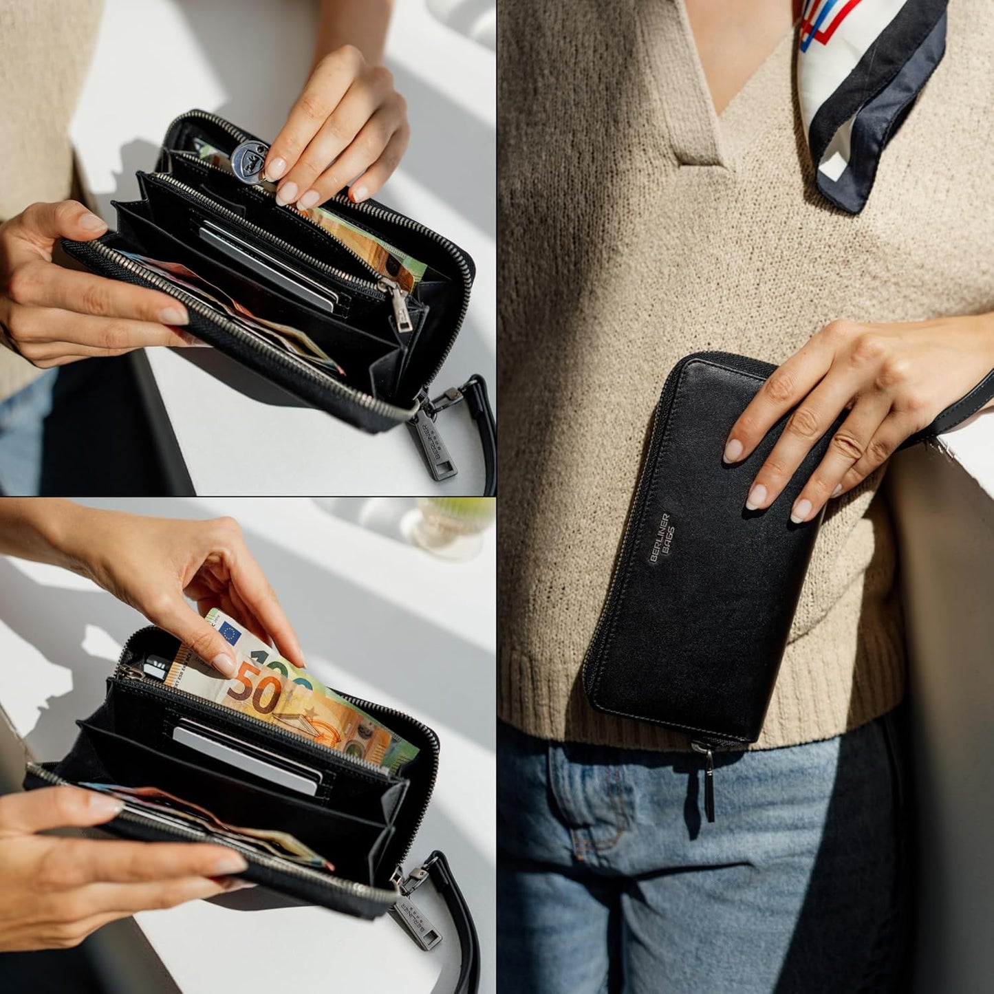 BERLINER BAGS Cartera Lyon de piel auténtica de alta calidad, con b...