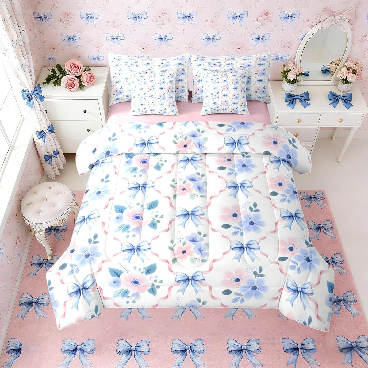 Erosebridal - Juego de edredón con arco azul y rosa de 7 piezas, ju...