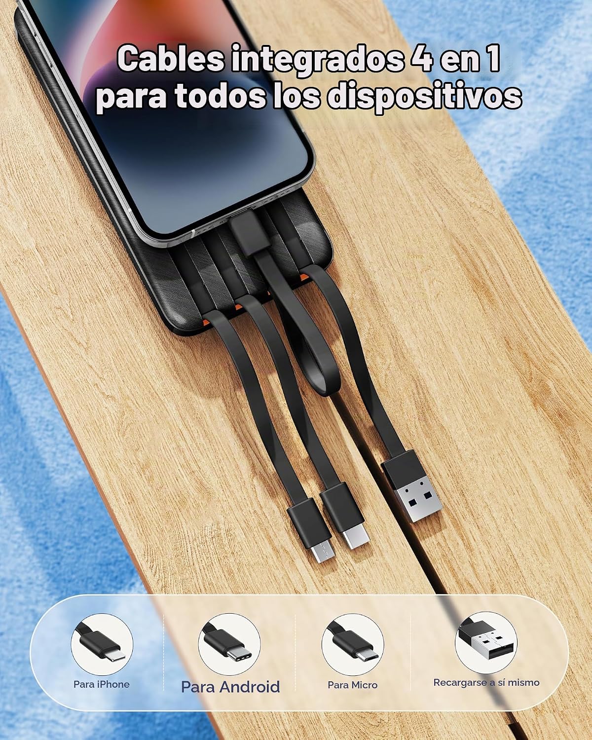 Charmast - Cargador portátil de 20000 mAh con cables incorporados,...