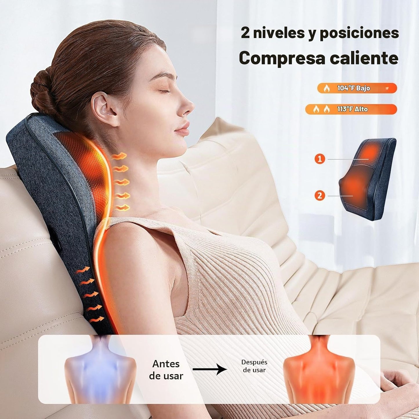 Boriwat Masajeador de cuello y espalda con calor, almohada de masaj...
