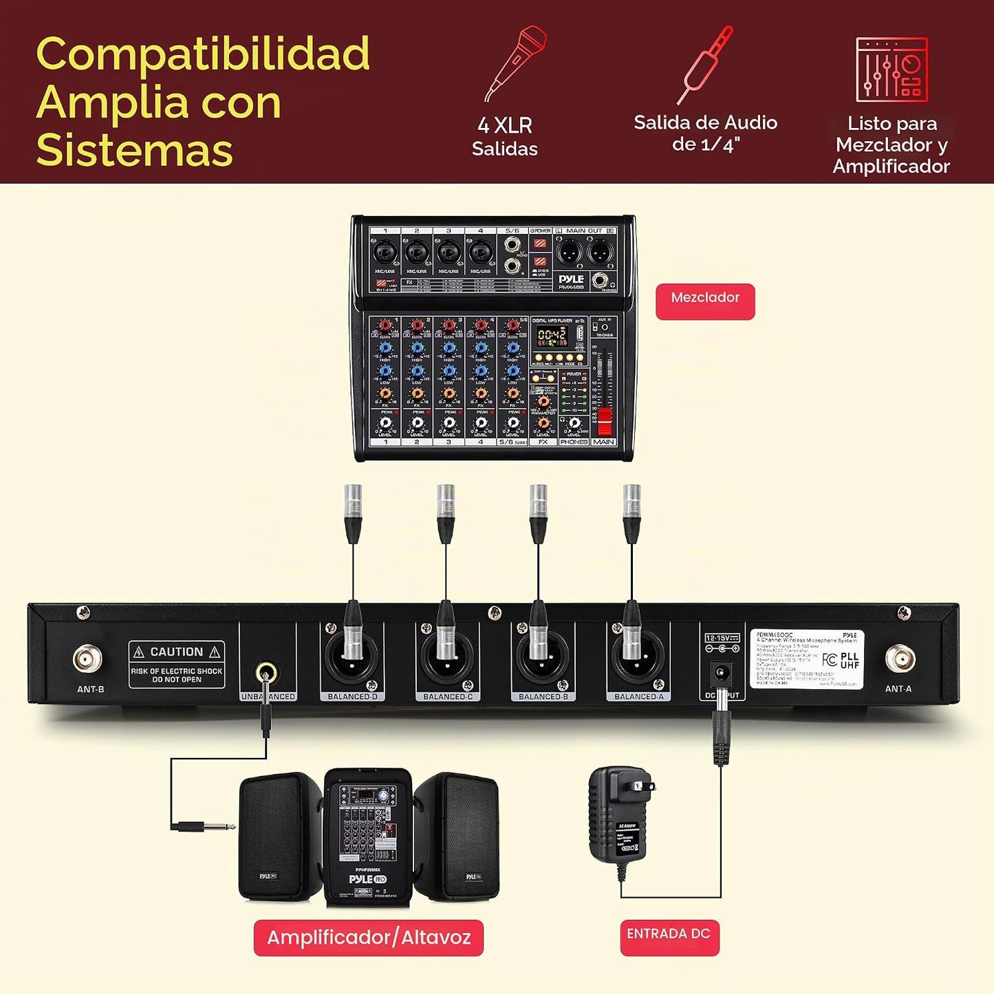 Pyle Sistema de micrófono inalámbrico UHF de 4 canales con 2 micróf...
