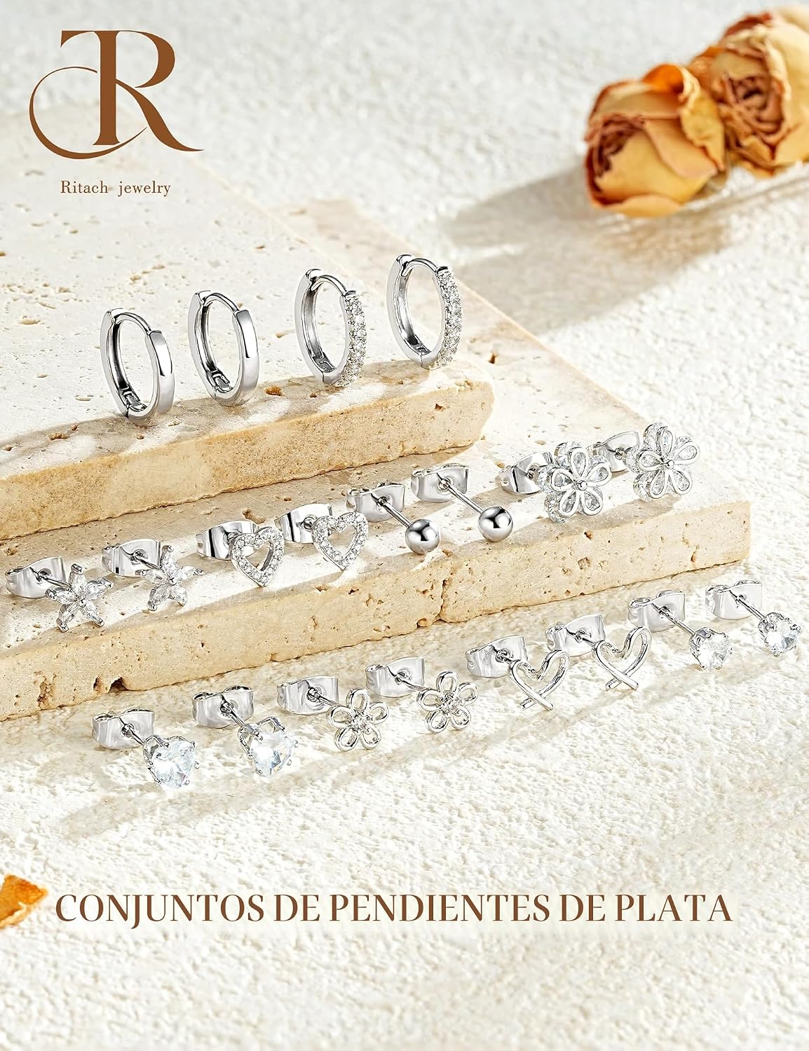 Juego de aretes pequeños de oro para mujer, chapados en oro de 14 q...