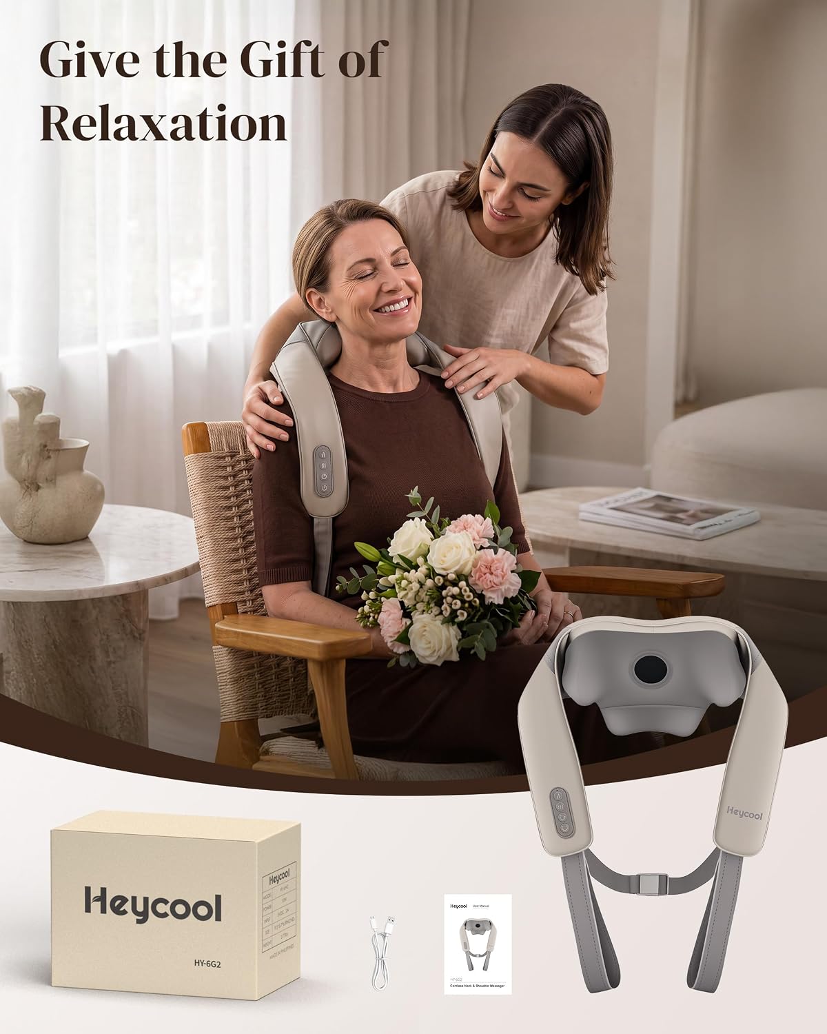 Heycool Masajeador inalámbrico de cuello y hombros para aliviar el...