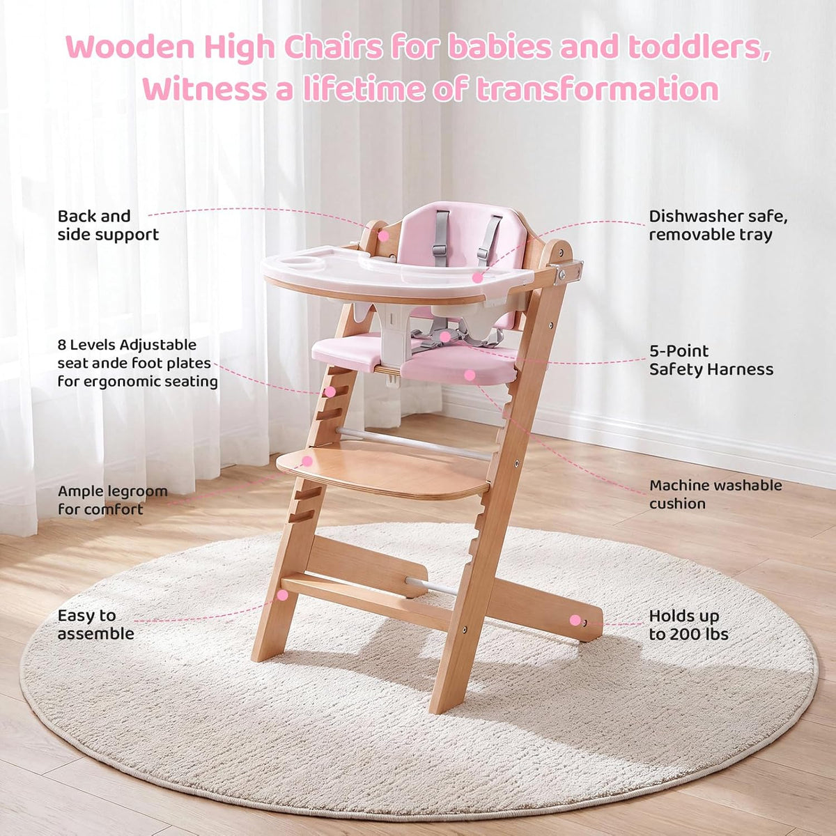 Cowiewie Trona de madera natural para bebé con bandeja ajustable y...