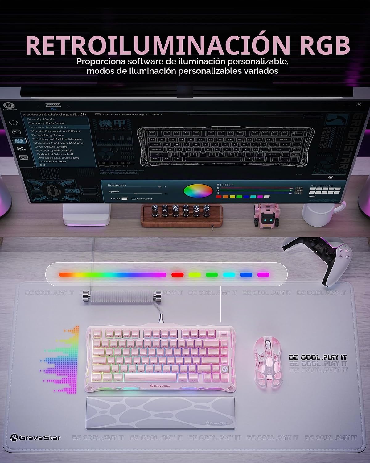 GravaStar Mercury K1 75% Rosa Teclado Inalámbrico, Diseño de Exoesq...