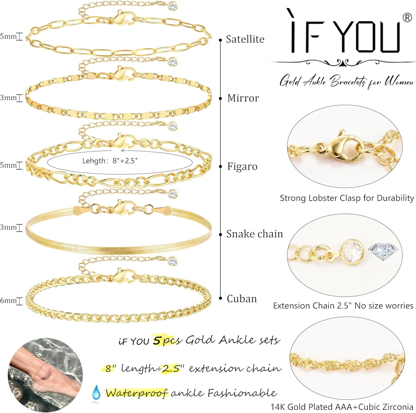 iF YOU Tobilleras de oro para mujer, chapadas en oro de 14 quilates...