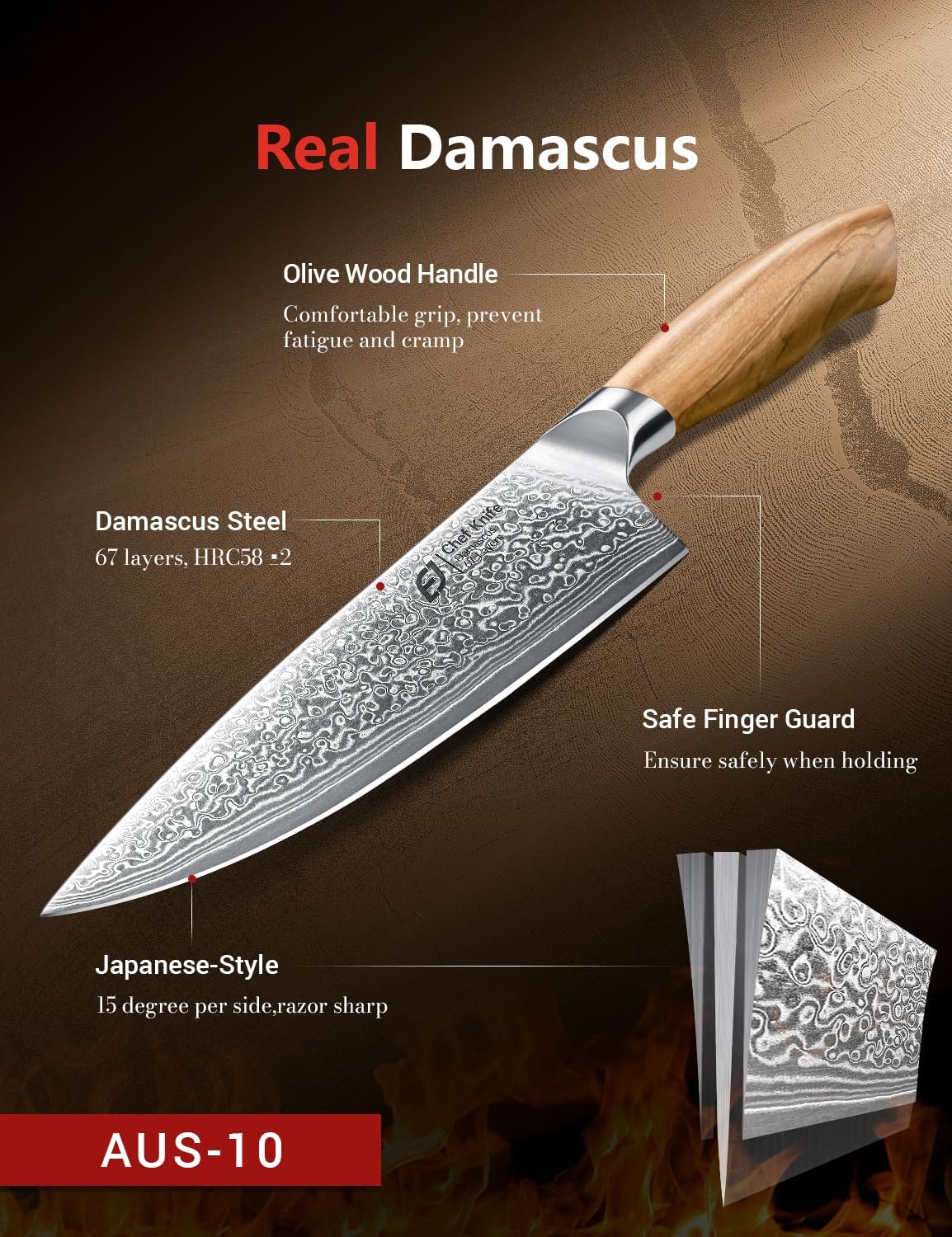 Cuchillo de chef de Damasco en acero japonés, cuchillo de cocina de...