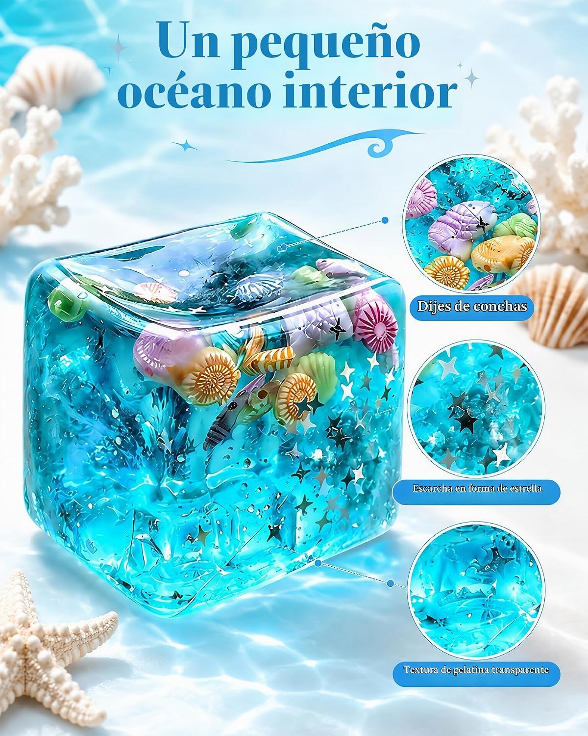 2 bolas antiestrés de cubo azul, juguetes blandos con conchas de oc...