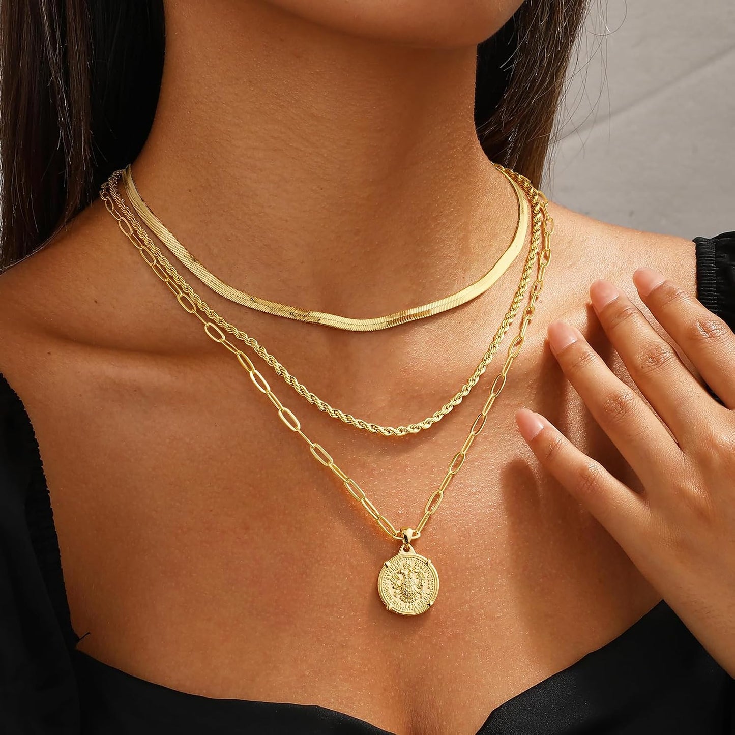 M MOOHAM Collares de oro en capas para mujer, chapado en oro de 14...
