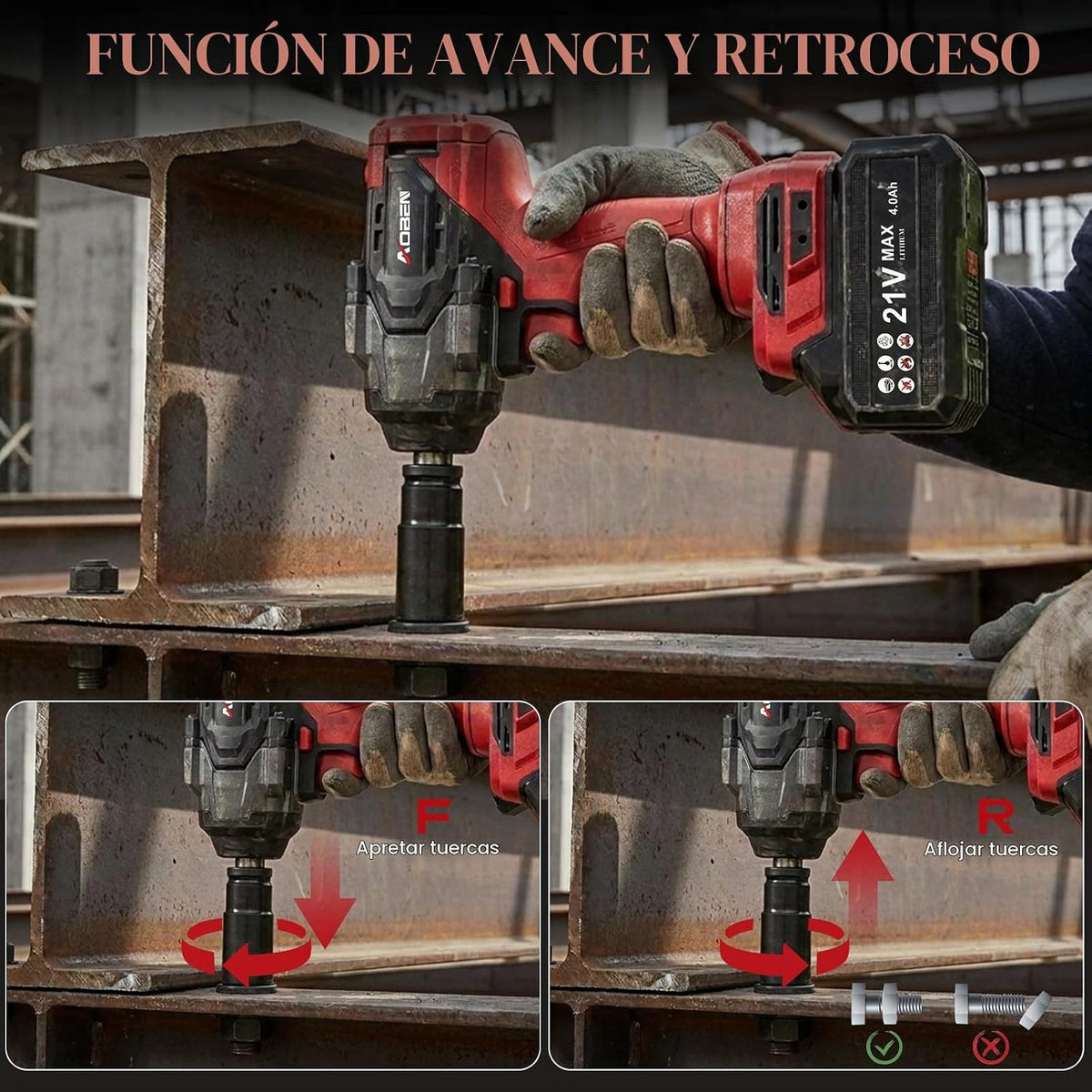 AOBEN Llave de impacto inalámbrica 1100N.m, pistola de impacto de a...
