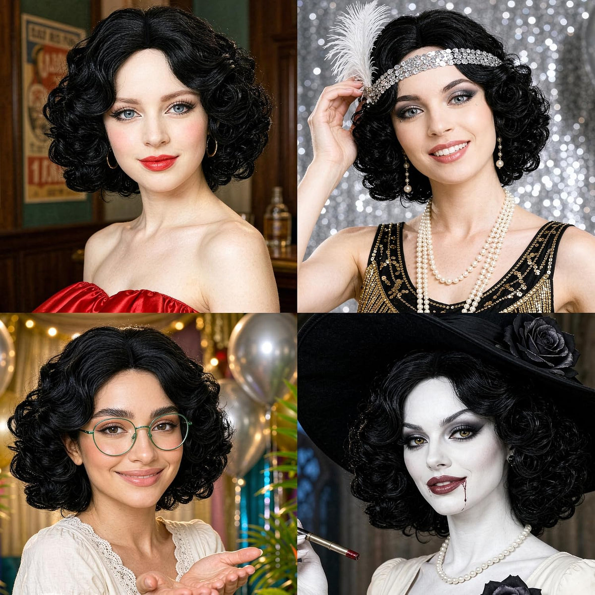 ANOGOL Peluca rizada negra corta Cosplay negro rizado Bob peluca pr...