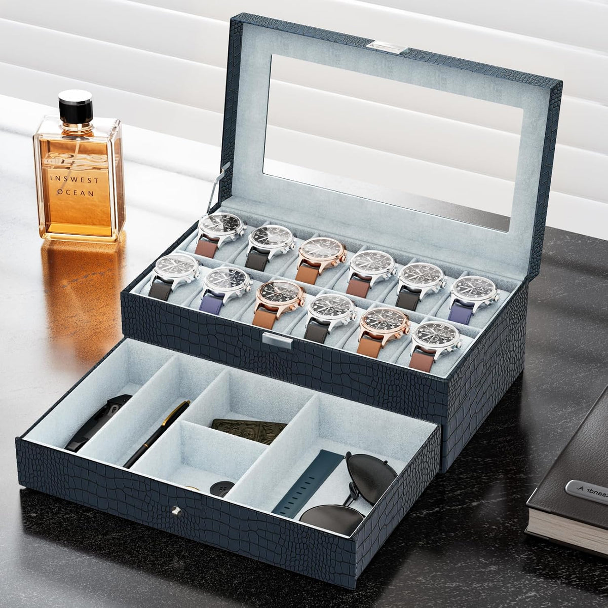 ProCase Caja de reloj, Caja de reloj para hombres con 12 ranuras y...