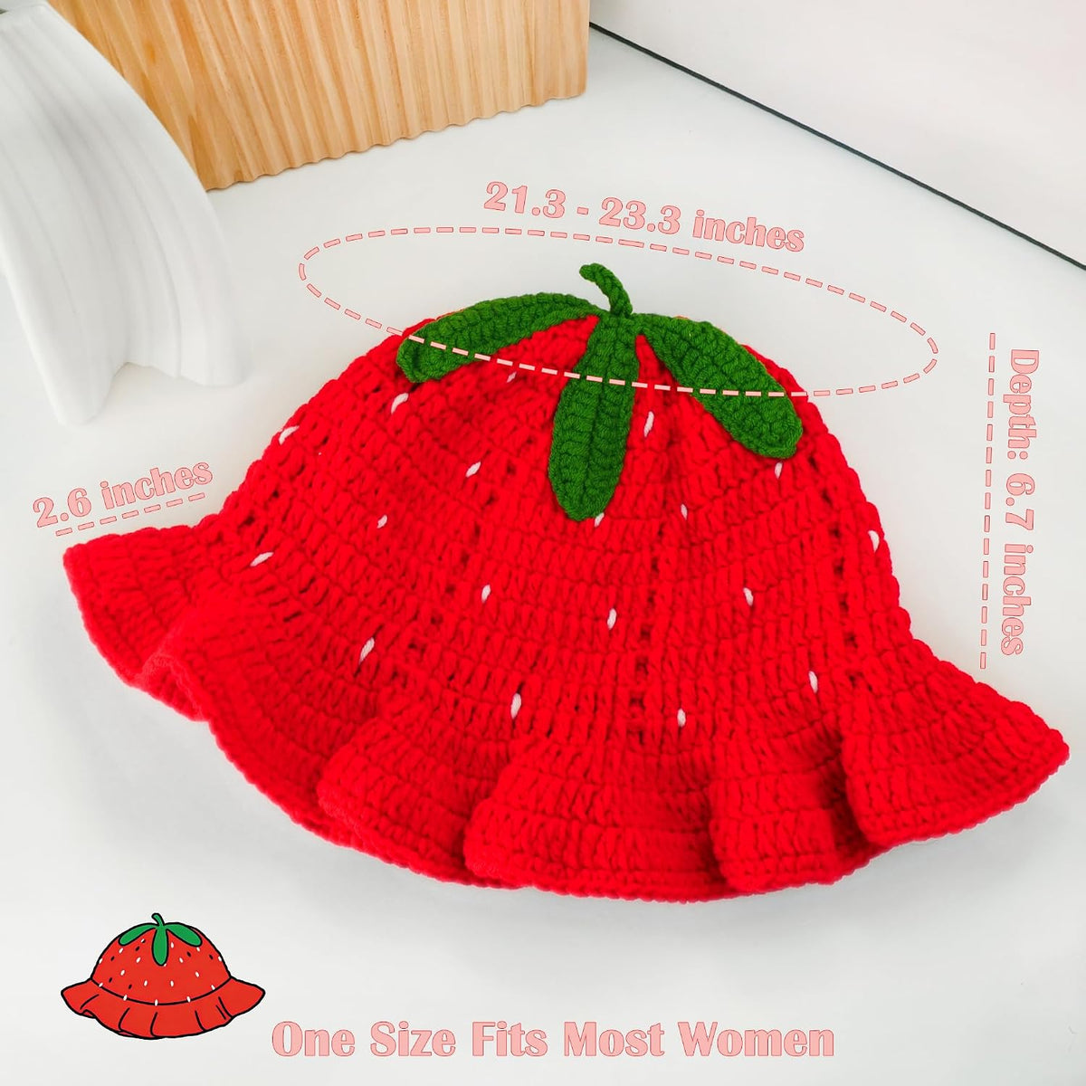 Sombrero de pescador de ganchillo de fresa para mujer, bonito sombr...